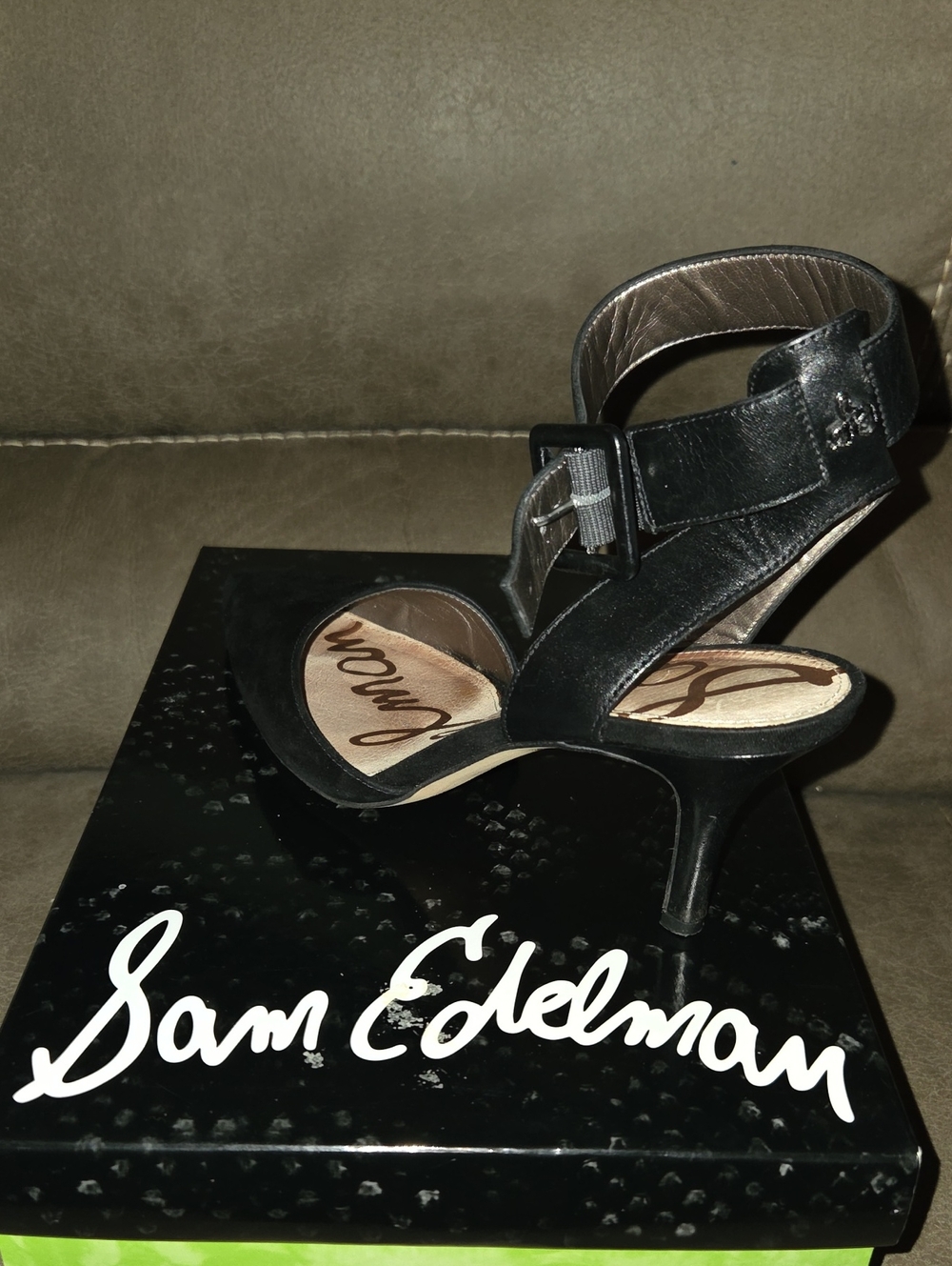 Sam Edelman Black Leather Ankle-Strap Kitten Heel Sandals